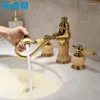 Bathroom Sink Faucets Luxury Gold/Rose Gold Brass And Natural Jade Faucet 3 Holes 2 Handles Copper Basin Mixer Tap With Pull Out Spray