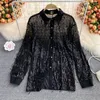 Blouses Femmes Vintage Femmes Automne Paillettes Glands Chemise En Mousseline De Soie Frangée Perlée OL À Manches Longues Lâche Simple Boutonnage Tops Blusas