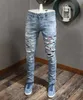 Patches Detail Biker Fit Jeans Men Slim Motorcycle For Mens Vintage Distressed Denim Jean Pants2700