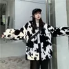 Kurtki damskie koreańskie zimowe płaszcz mody harajuku krowy drukujące luźne skórzane kurtka z pełnym rękawem vintage flanel hep ciepło bawełniane ubrania 221117