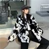 Damesjacks Koreaanse wintermodejas Harajuku -koeien afdrukken Losse volle mouw Lederen jas Vintage Flanel Keep warme katoenen kleding 221117