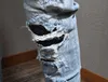 Patches Detail Biker Fit Jeans Heren Slanke motorfiets voor heren Vintage Distressed Denim Jean Pants313l