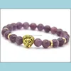 Beaded Wholesale 8Mm Top Quality Natural Amethyst Stone Beads Realgold Plated Lion Head Energy Bracelets Mens Jewelry Gift Drop Deliv Dhowx