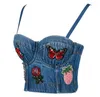 Os tanques femininos roscam borboleta em abacaxi bordado jeans de jeans da flor de flores push up bustier feminino bralette cortada coletes de primeira linha