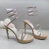 Sandales à talons aiguilles en strass pour femmes, sandales à plateforme, chaussures super hautes, chaussures de styliste de luxe, en satin en forme de serpent, fête de mariage