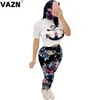 المسارات النسائية Vazn Summer 2022 عتيقة الكرتون طباعة O-Neck Sexy Night Club Fashion Shinny Women 3 قطعة مع Lady Mask