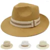 Berets Men Women Straw Panama Hats Summer Sunhat Classical Wide Brim Cap Sombrero Beach Fedora Trilby Outdoor Travel US Size 7 1/4 UK L