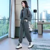 Women's Two Piece Pants 2022 Spring Autumn Coffee Color Safari Style Set Female Korean Fashion Drawstring Top Casual Cargo