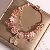 2022 New Charm Bracelet Rose Gold Five Petals Flower Pendant Pink Murano Glass European Beads Heart Bangle Fits Bracelets Necklace O2pn