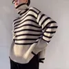 Kvinnors tr￶jor Kvinnor Randig Turtleneck Knit Tr￶ja Wool Blend Hem Split Long Sleeve Loose Large Fashion Ladies Pullover 2022 Autumn