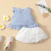 Mädchenkleider Hibobi Baby Plaid Stoff Rüschenoberteil und Spitzenrock