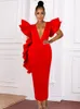 Ethnic Clothing African Women Red Dresses For Party Formal Elegant Ruffle V-Neck Short Sleeve Peplum Africa Ladies Christmas Wedding Gowns