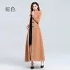 Women's Wool Blends Autumn and Winter Super Long Stand Collar Slim midja Fashion Temperament Retro Triangle Buckle Woolen Coat 221117