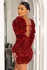 Robes décontractées Sequin Backless Pad Bubble Sleeve Party Femmes Robe Cou À Lacets Club Taille Haute Split Couleur Unie