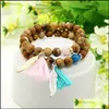 Charm Bracelets Design Wholesale 10Pcs/Lot 8Mm Yellow Picture Jasper Stone Beads With Tassel Leaf Couple Lucky Bracelet Drop Deliver Dh2L6