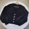 Femmes tricotées noir femmes col en v pull à manches longues bouffantes 2022 dames pull simple boutonnage dame tricoté cardigan début automne
