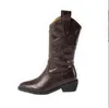 Bottes Nouveau bottes de moto marron femmes longueur au genou Vmouth Knight simple haut baril Western bottes de Cowboy pointues 2208207957636