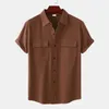 Hommes chemises décontractées hommes chemise coton lin couleur unie simple boutonnage manches courtes Type ample décontracté poches à rabat 2022 hauts d'été vêtements quotidiens W0328