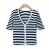 Women's Knits Women's Short Sleeve Knit Cardigan Stripes Jumper V-neck Single Breasted Slim Sweater 2022 Summer