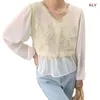 Blusas de mujer Camisas con botones y cuello en V para mujer Tops de encaje de ganchillo Blusa de manga larga de verano Camiseta suelta informal