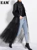 Giacche da donna EAM Loose Fit Black Mesh Big Size Giacca lunga in pelle Pu Risvolto Cappotto donna Moda Primavera Autunno PB27901 221117