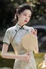 Abbigliamento etnico FZSLCYIYI Elegante pizzo colletto alla coreana cotone lino cheongsam manica corta al ginocchio abito da donna cinese Qipao