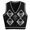 Damesvesten y2k gothic gebreide trui vest schedel argyle print patroon gebreide v-neck pullover mode jumper top vrouwen Halloween streetwear 221117