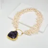 Anhänger Halsketten GuaiGuai Schmuck 3 Reihen Weiße Reisperlen Halskette Lila Amethysten Quarz 24 Karat Vergoldet Mode Für Frauen