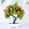 الزهور الزخرفية مصطنعة بونساي نباتات مزيفة شجرة برتقالية فاكهة محفوظة بوعاء لإكسسوارات الديكور المنزل سنة ديكور