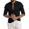Men's Casual Shirts SALSPOR Shirt Solid Color Linen Stand Collar Top Cardigan Long Sleeve Loose Quick Drying