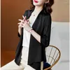 Kvinnors blusar Tingyili 3/4 ￤rm Summer Silk Satin Cardigan Women Black White Pink Champagne Bourgogne Shirts Korean Elegant Kimono