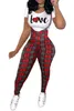 Womans Fashion Pants Outfits Pattern Printed Short Sleeved T-shirt And Suspender Jumpsuit Two Piece Jogger Set Valentine's Day Clothes