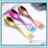 Spoons Two Head Stainless Steel Spoon Fork Home Kitchen Dining Flatware Noodles Ice Cream Dessert Spoons Outdoor Cam Tableware Cutle Dhers