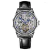 Reloj Relojes de pulsera Esqueleto Esférico Lujo Verdadero Tourbillon Reloj Cuadrado para hombres Escala de piedras preciosas Luminoso Punk Hombres Relojes de pulsera mecánicos 8WJX