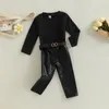 Set di abbigliamento 1 6Y Kid Girls Autunno Inverno Abbigliamento Set Baby manica lunga in maglia con cintura in vita Pantaloni in pelle PU Abiti per bambini 221118