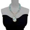 Pendant Necklaces Y.YING Natural Blue Larimar Slice Rough Necklace Big Gray Mabe Pearl 20"