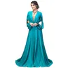 Robes mère de la mariée turquoise élégantes, robe formelle fendue à manches longues pour occasions spéciales, col en V profond, robes de soirée trapèze