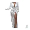 Robes décontractées Robes décontractées 2021 Satin Soie Robe Sexy À Manches Longues Fête Femmes Boîte De Nuit Doux Automne Solide Split Baisser Drop D Dhrmg