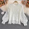 Blouses pour femmes Automne Femmes Crochet Fleur Creux Lâche Blouse Femme Élégant O-cou Lanterne À Manches Longues Chemise Noir/Beige/Rose Tops Mode