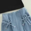 Set di abbigliamento 2 pezzi Set di pantaloni per bambini Ragazze Tinta unita Scava fuori Manica a sbuffo Girocollo Pullover Tie up Jeans 1 6T 221118