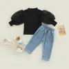 Ensembles de vêtements 2 pièces pantalons pour bébés ensemble filles couleur unie évider manches bouffantes col rond pull cravate jeans 1 6T 221118