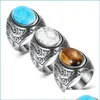 Bague solitaire en acier inoxydable antique Sier Turquoise Stone Ring Band Retrol Floral Solitaire Rings pour hommes femmes bijoux de mode Dr Dh7Ts