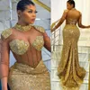 Gold Mermaid Prom Dresses with Long Sleeve 2023 High Neck Gillter Sparkly Lace Beaded African Aso Ebi Evening Occasion Gown