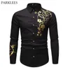 Men's Casual Shirts Stylish Gold Flower Print Black Men Spring Slim Fit Long Sleeve Mens Dress Party Male Social 221117