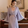 Women's Sleepwear Sexy Purple Robe Set Two Pieces Spaghetti Strap Deep V Neck Lace Bathrobe Luxury Nightgown Long Negligee