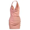 Casual Kleider Halter Sexy Satin Falten Bodycon Mini Kleid Frauen Elegante Backless Abend Party Bandage Club Outfits 2022 Sommer P923