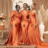 Plus afrikansk orange storlek sjöjungfru brudtärna klänningar nigeria flickor v hals ruched satin bröllop gäst klänning sexig långa piga av hedersklänningar bc