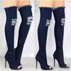 Stiefel Frauen Pumpen Qualität Denim Knie High Heel Mode Sexy Offene Socke Hüfte Reißverschluss Seite Winter Schuhe