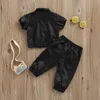 Ensembles de vêtements 2 7Y Enfants Filles Vêtements D'été Bébé À Manches Courtes Revers Zipper Tops Pantalon Lâche Enfants PU En Cuir Tenues 221118