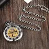 Pocket Watches Silver Unique Transparent Mechanical Watch Big Roman Numer Hollow Steampunk Necklace Vintage Hand Winding For Men